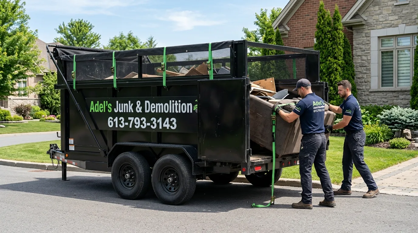 Adel's professional junk removal crew and dump trailer in an Ottawa driveway